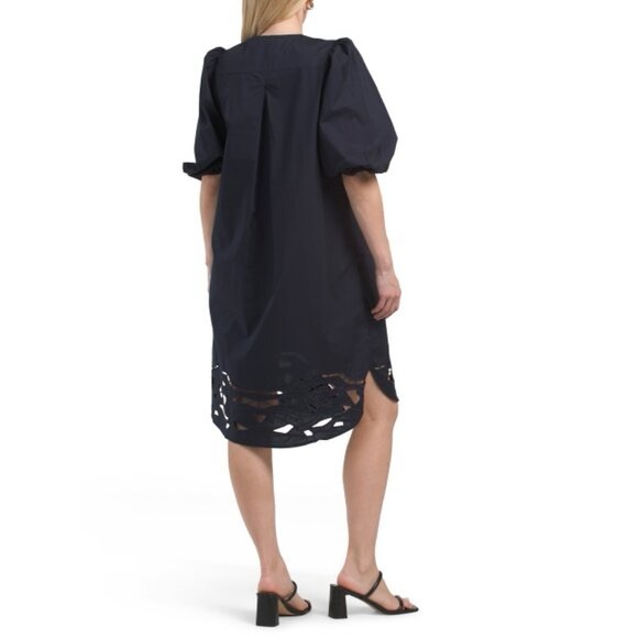 🆕 FOR CYNTHIA Navy Puff Sleeve Embroidered Hem Midi Dress - Picture 3 of 15